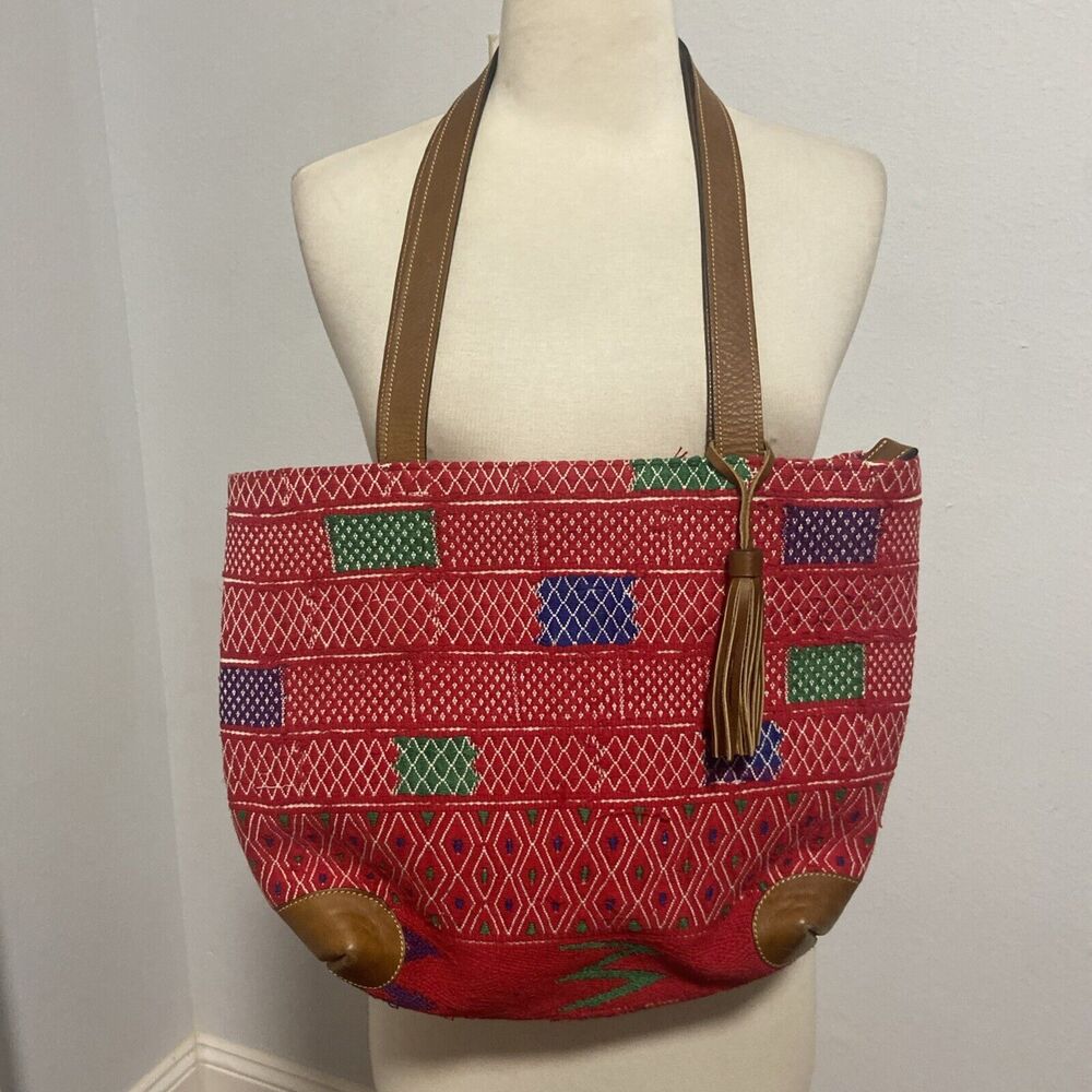 Woven Handmade Multicolor Boho Vegan Leather Trim Tote Bag